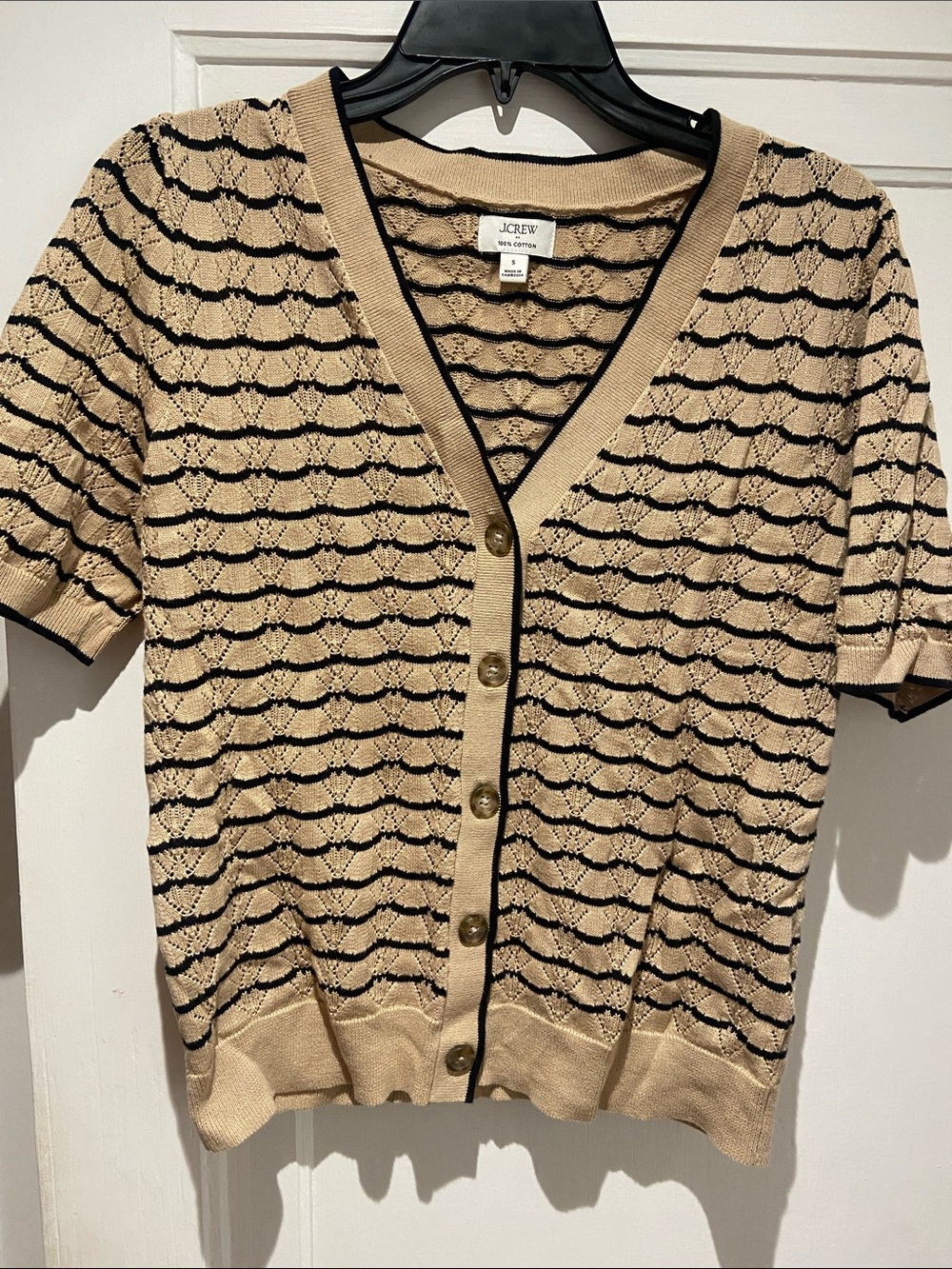 J. Crew Beige and Black Short-Sleeve Button Cardigan